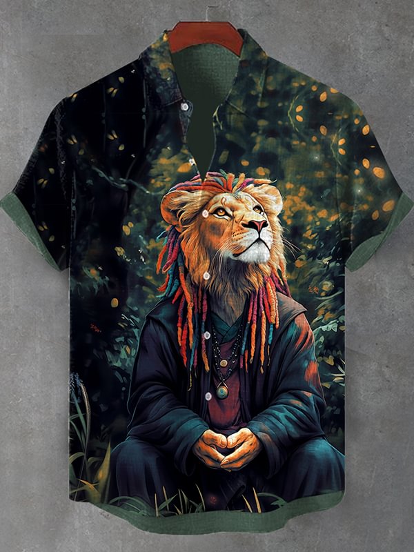 Men's Hippie Reggae Lion Forest Spirituality Art Print Shirt