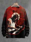 Men's Jesus Playing Piano Oil Painting Print Knit Sweatshirt