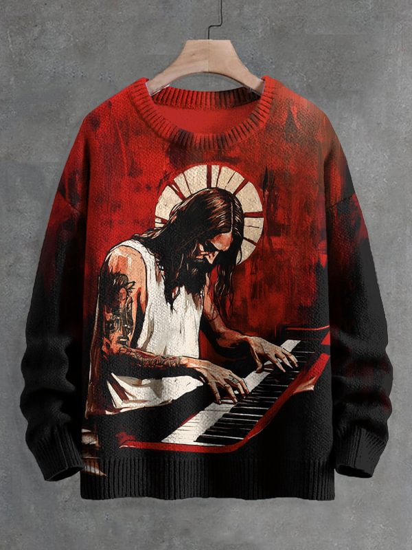 Men's Jesus Playing Piano Oil Painting Print Knit Sweatshirt