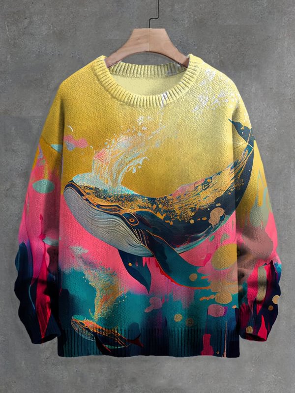 Men's Golden Whale Ocean Art Print Knit Sweatshirt
