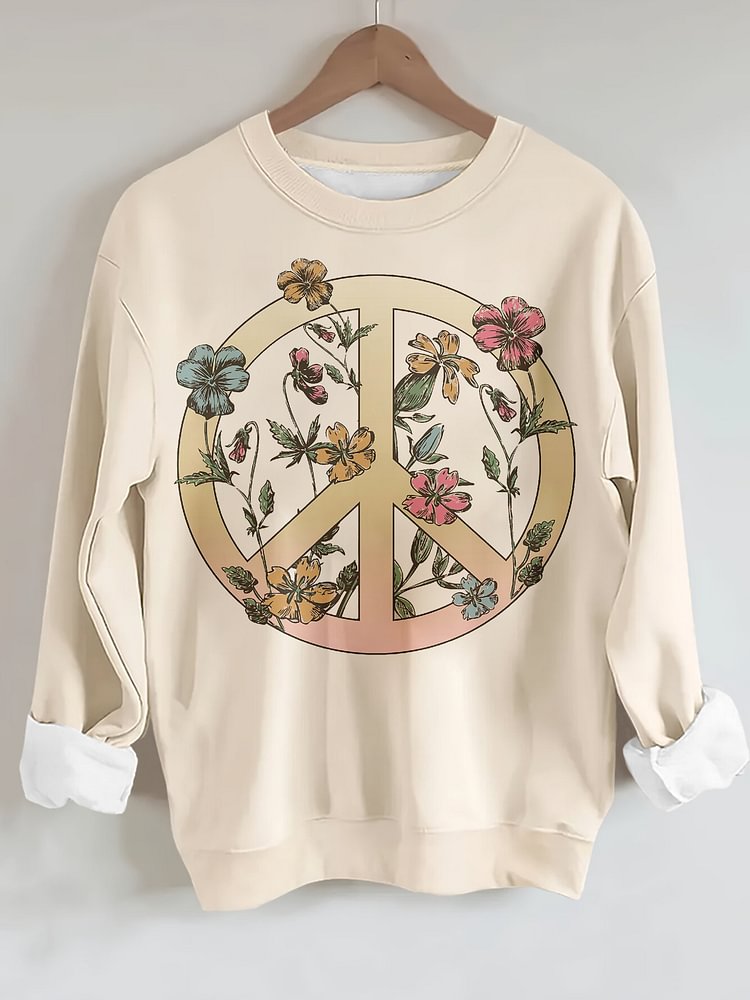 Women's Flowers Peace Sign Print Cotton Long Sleeve T-Shirt Thin Sweatshirt