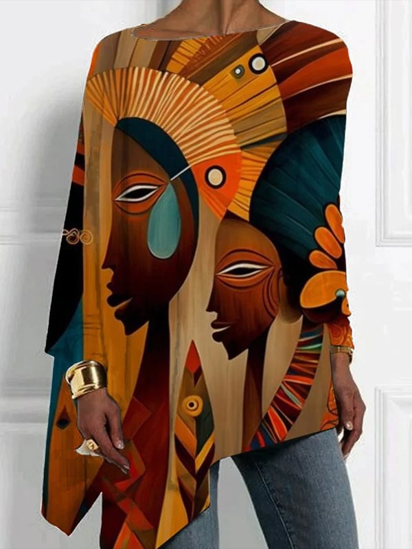 Women's Retro Tribe Ethnic Art Print Irregular Hem Long Sleeve Skew Top