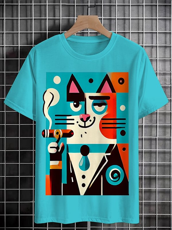 Men's Cat Smoking Cigar Art Print Cotton Casual T-Shirt