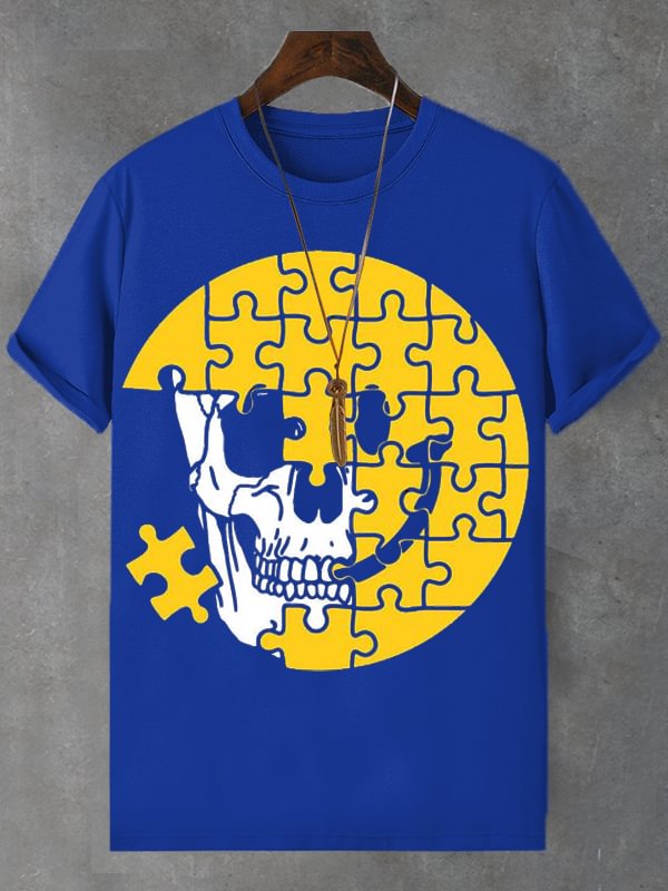 Men's Skull Smiley Face Puzzle Print Cotton Casual T-Shirt