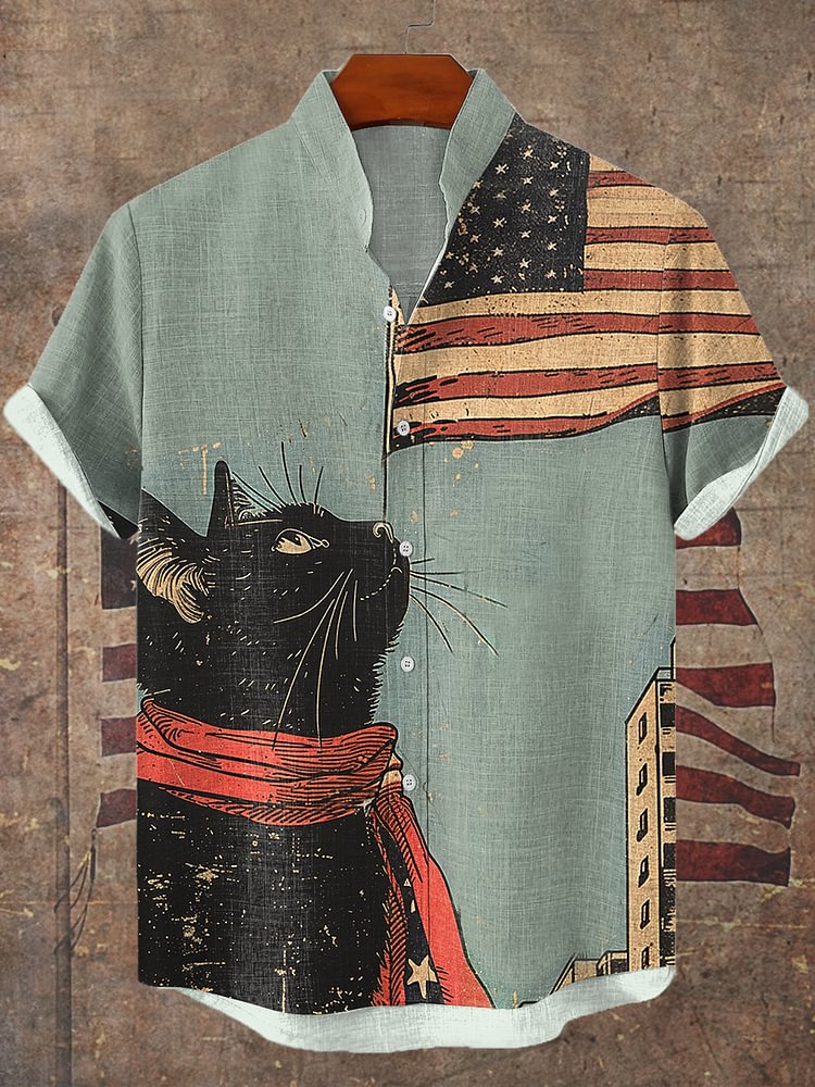 Men's Retro New York City Patriotic Black Cat Print Linen Blend Shirt
