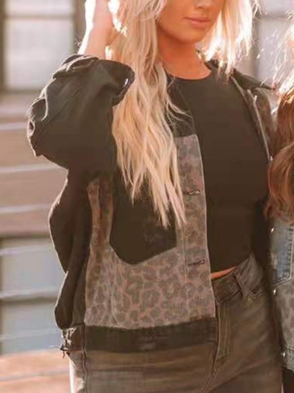 Women's Leopard Print Stitching Ripped Denim Jacket