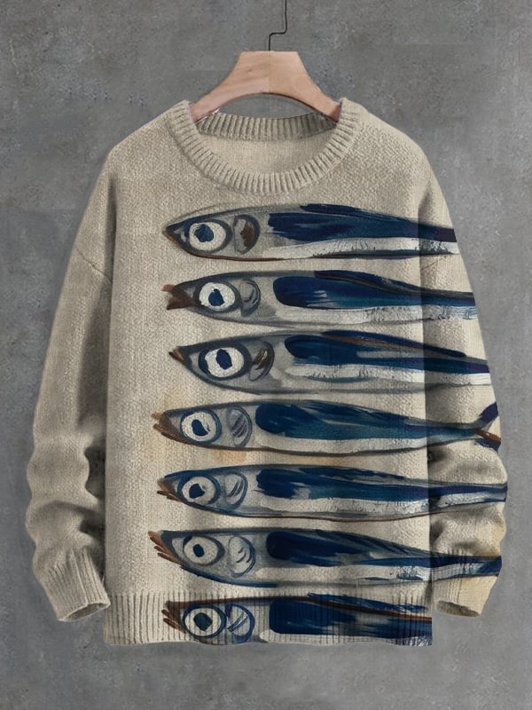 Men's Retro Sardines Art Print Knit Sweatshirt