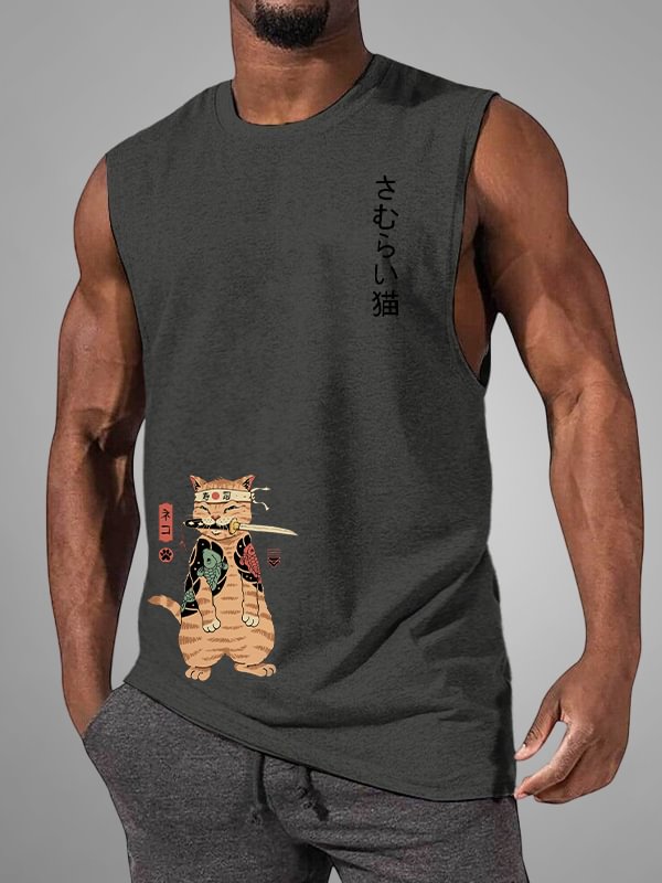 Men's Japanese Sushi Samurai Cat Print Casual Tank Top