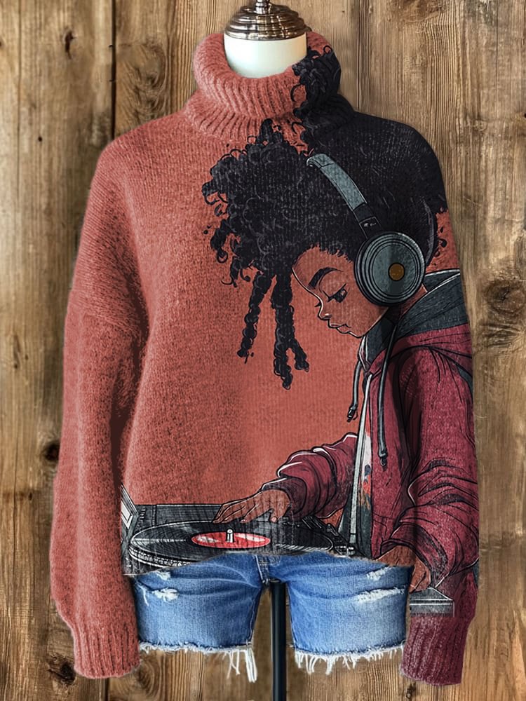 Women's Afro Kid Music Lover Print High Neck Knit Sweatshirt