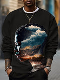 Men's Black Side Face Fantasy Landscape Art Print Casual Sweatshirt