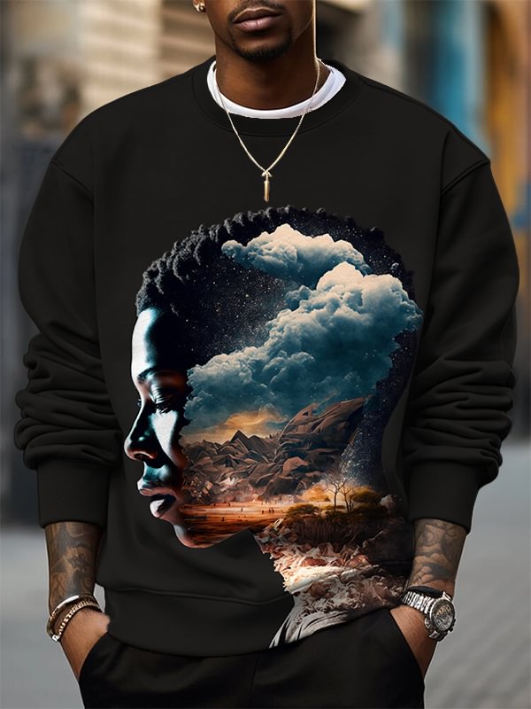 Men's Black Side Face Fantasy Landscape Art Print Casual Sweatshirt