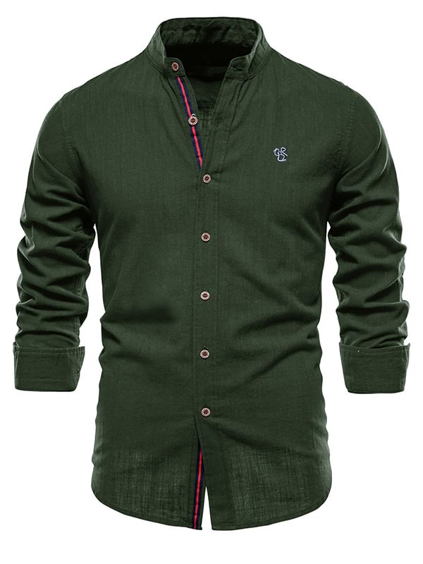 Men's Pattern Embroidery Stand Collar Long Sleeve Button Shirt