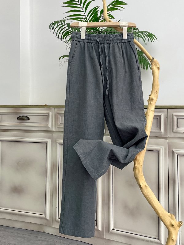 Men's Cotton Linen Plain Elastic Drawstring Waist Wide Leg Pants