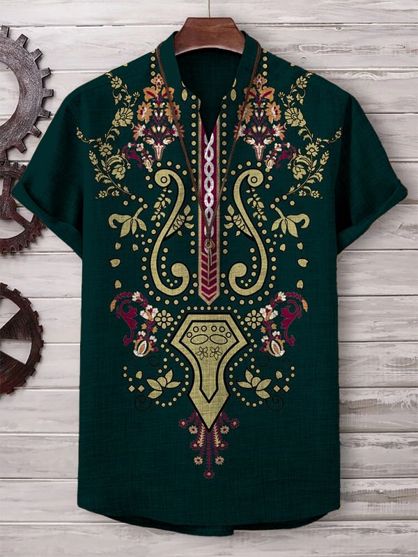 Men's Flower Vine Ethnic Pattern Art Print V Neck T-Shirt