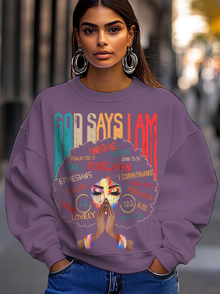 Women's Black Girl God Says I Am Black Melanin History Month Pride Print Cotton Long Sleeve T-Shirt Thin Sweatshirt