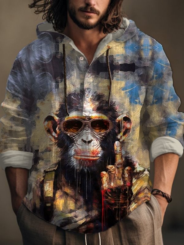 Men's Cool Monkey Soldier Hand Gesture Oil Painting Print Hooded Shirt