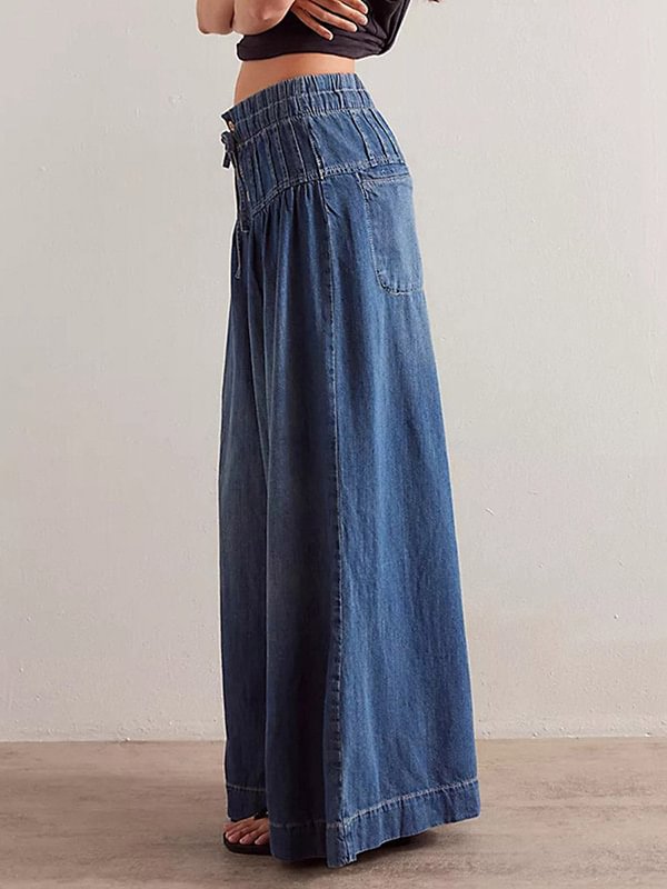 Women's Casual Elastic Drawstring Waist Buttons Loose Fit Wide-Leg Jeans