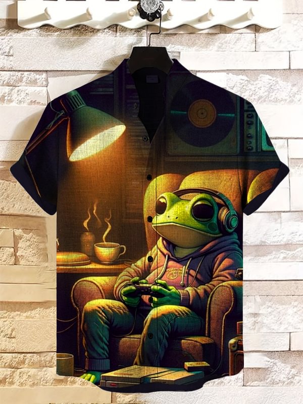 Men's Frog Playing Games Print Casual Shirt