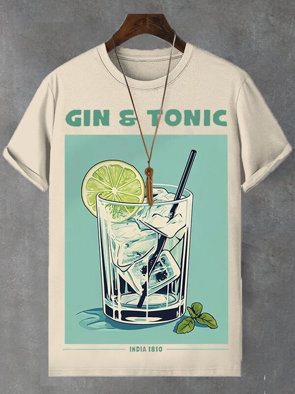 Men's Gin And Tonic Illustration Print Cotton Casual T-Shirt
