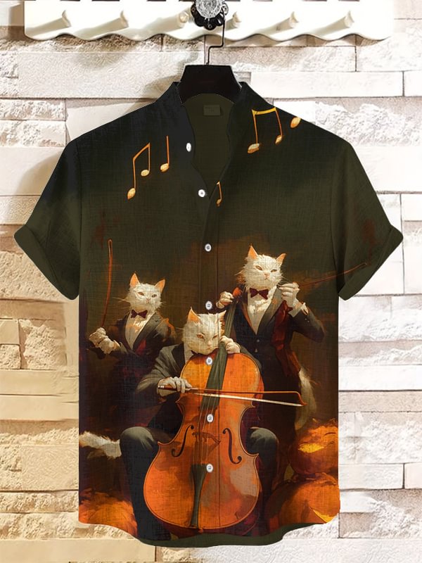 Men's Halloween Cats Playing Cello Art Print Short Sleeve Casual Shirt
