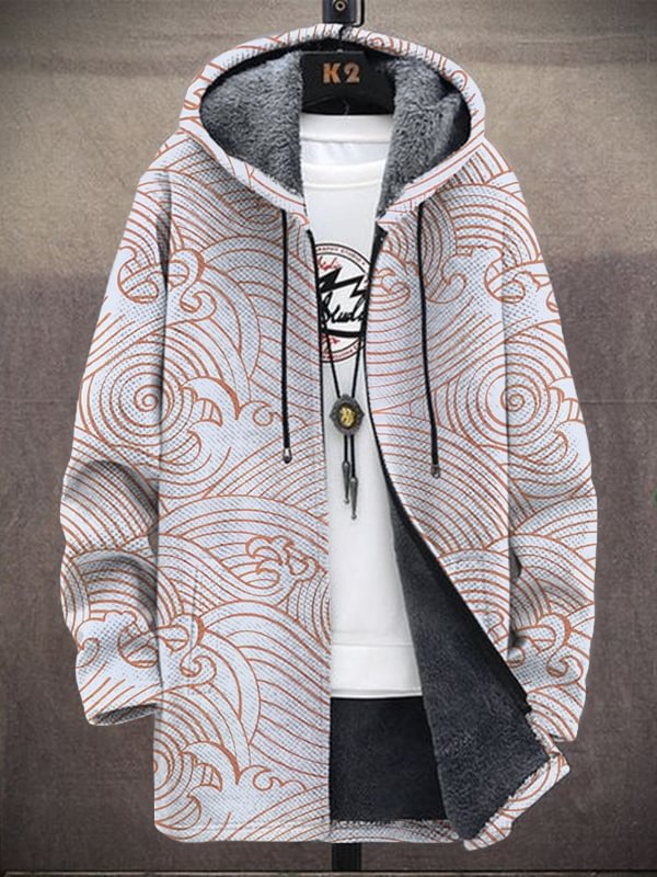 Men's Japanese Art Wave Pattern All Over Print Retro Hooded Trench Coat