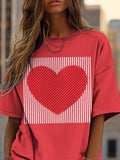 Women's Valentine's Day Striped Heart Print Cotton Casual T-Shirt
