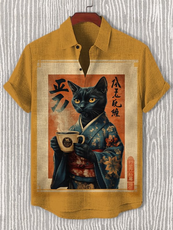 Men's Japanese Art Black Cat Drinking Coffee Print Shirt