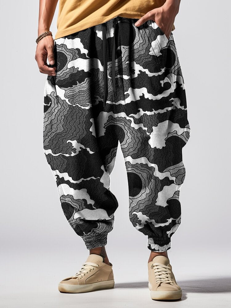 Men's Retro Wave Japanese Art Print Casual Sweatpants
