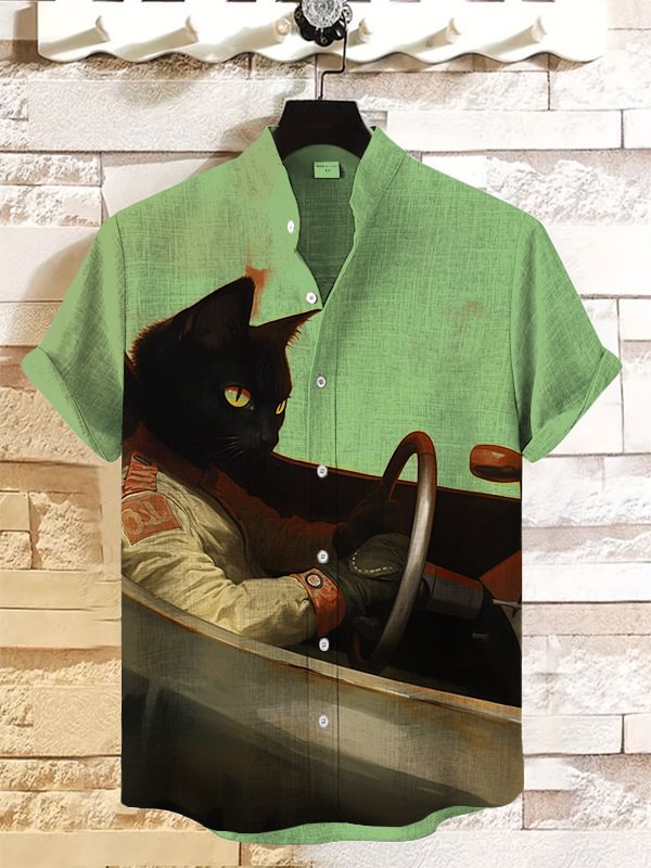 Men's Cool Black Cat Racer Art Print Casual Shirt