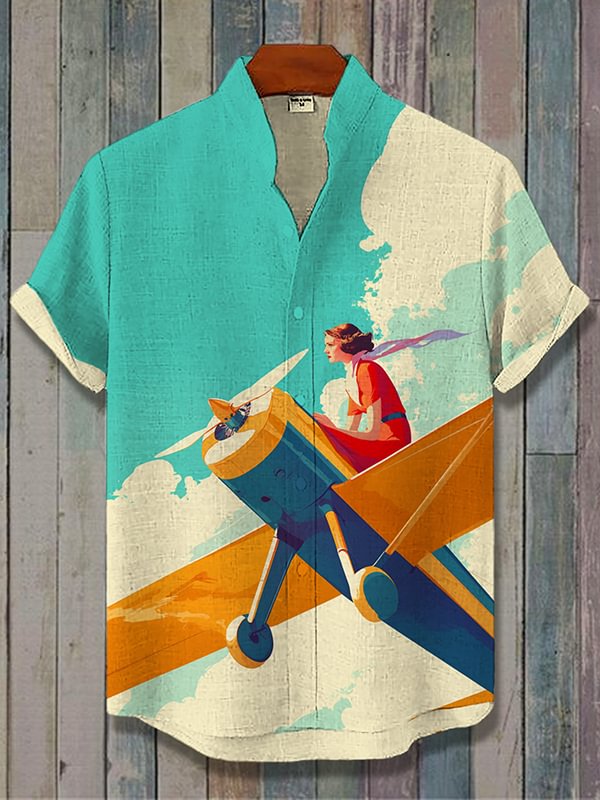 Men's Girl Sitting On The Airplane Art Print Casual Shirt