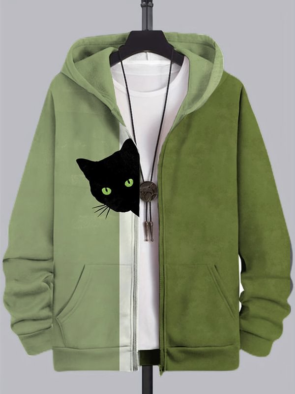 Men's Fun Hide And Seek Black Cat Print Hooded Zip Up Jacket