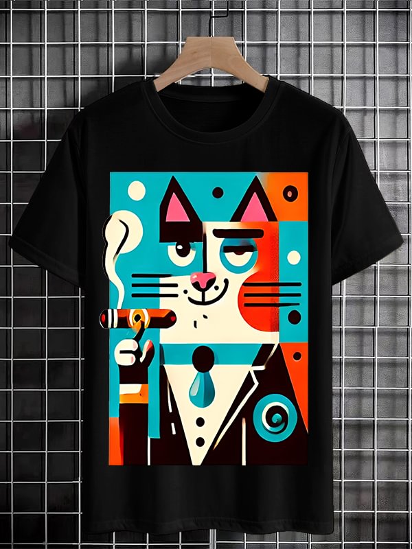 Men's Cat Smoking Cigar Art Print Cotton Casual T-Shirt