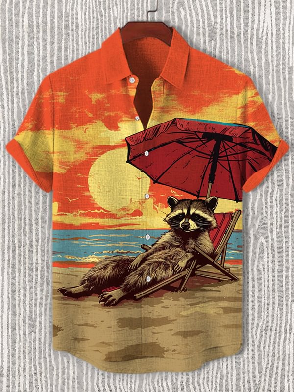 Men's Raccoon Beach Sunbathing Art Print Casual Shirt