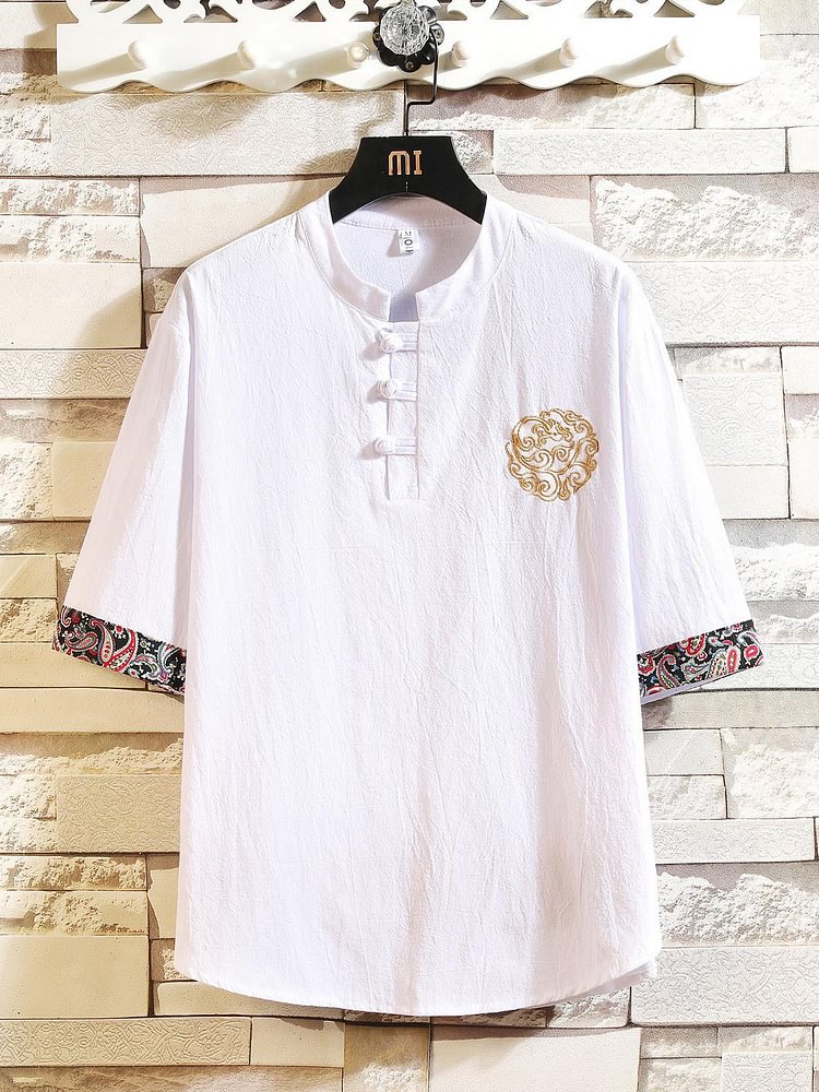 Men's Retro Paisley Pattern Cotton And Linen Short Sleeve Shirt