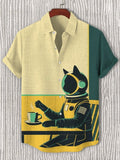 Men's Astronaut Cat Art Black Cat Coffee Art Print Casual Shirt