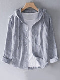 Men's Striped Print Long Sleeve Cotton And Linen Hooded Shirt
