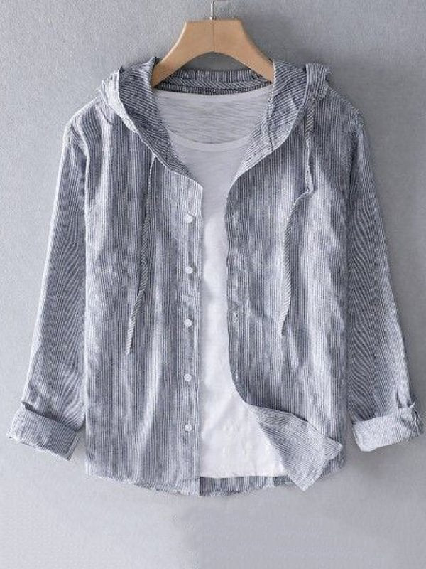 Men's Striped Print Long Sleeve Cotton And Linen Hooded Shirt