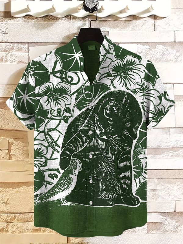 Men's Cat And Bird Floral Pattern Art Print Casual Shirt