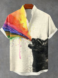 Men's Black Cat Love And Peace Rainbow Splash Ink Print Linen Blend Shirt