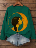 Women's Woman Kissing Moon Art Print Cotton Long Sleeve T-Shirt Thin Sweatshirt