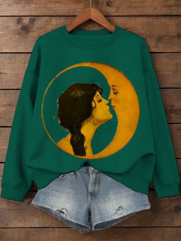 Women's Woman Kissing Moon Art Print Cotton Long Sleeve T-Shirt Thin Sweatshirt