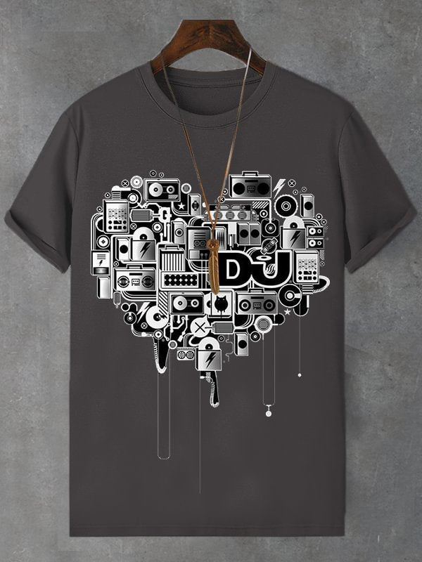 Men's Vintage Heart Pattern Music Art Print Cotton Casual T-Shirt