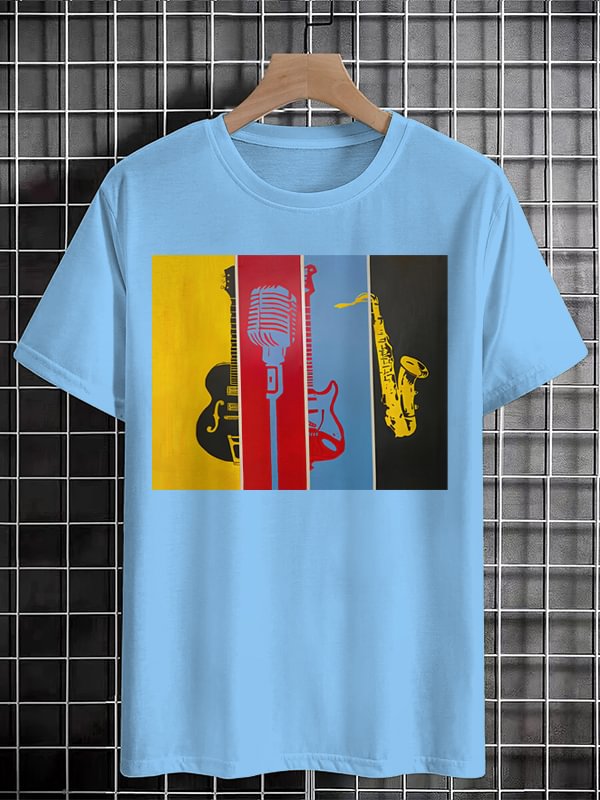 Men's Guitar Microphone Saxophone Color Block Print Cotton Casual T-Shirt