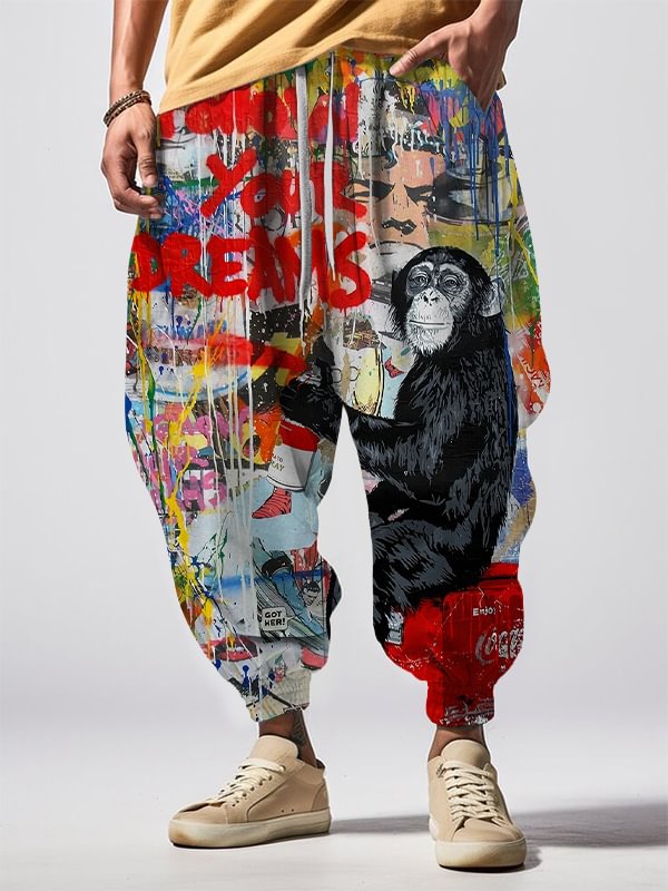 Men's Follow Your Dreams Monkey Street Paint Art Print Loose Drawstring Waist Sweatpants