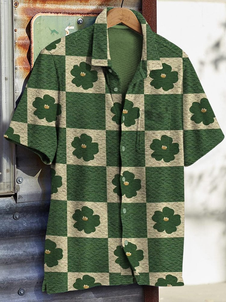Men's Plaid Color Block Lucky Clover Art Print Pocket Casual Shirt