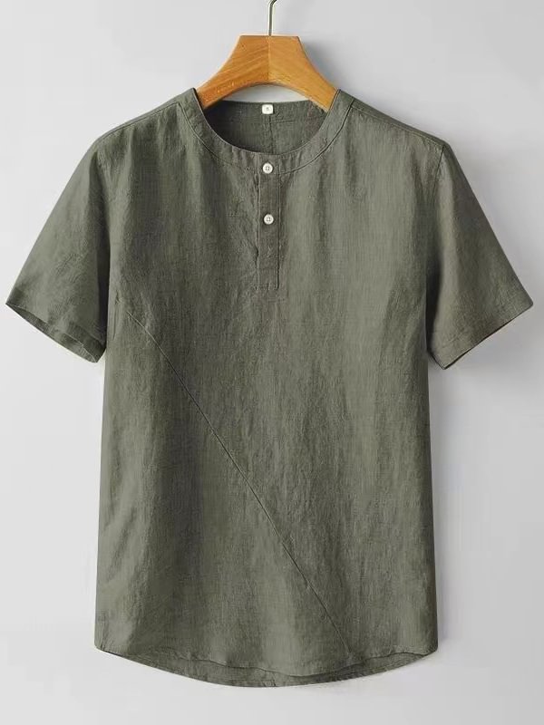 Men's Casual Plain Button Round Neck Short Sleeve Linen T-Shirt
