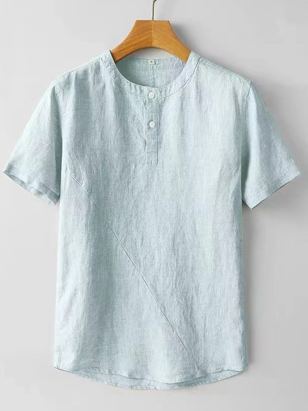Men's Casual Plain Button Round Neck Short Sleeve Linen T-Shirt