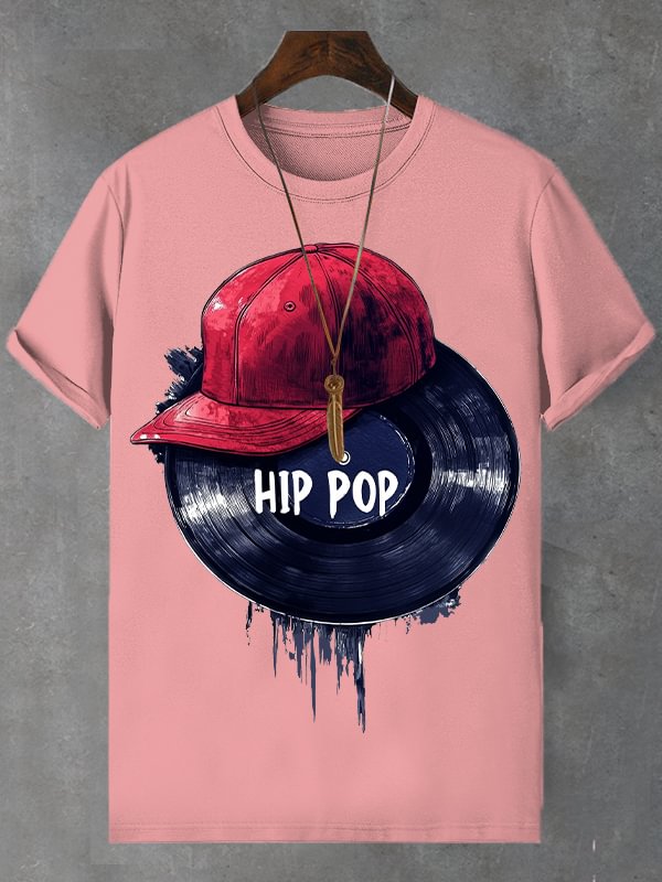 Men's Hip Pop Record Hat Print Cotton Casual T-Shirt