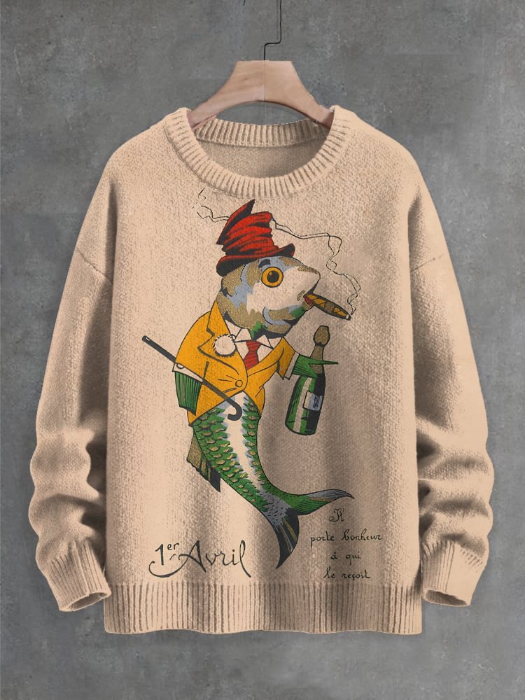 Men's Smoking Fish Gentleman Beer Funny Art Print Knit Sweatshirt