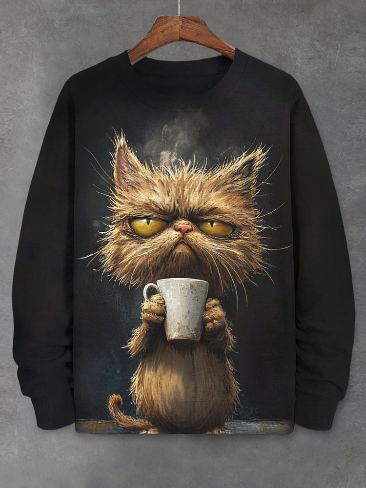 Men's Furry Cat Holding Coffee Print Casual Long Sleeve Sweatshirt